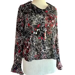 Vintage Long Sleeve Shirt Medium Red Black Sheer Flowy Business Casual Indie